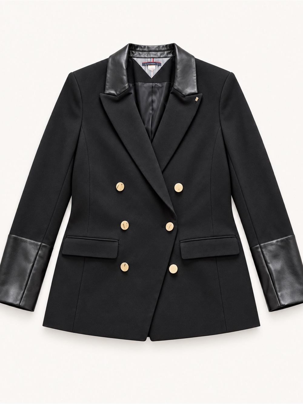 Tommy Hilfiger Black Double-Breasted Blazer with Leather Trim